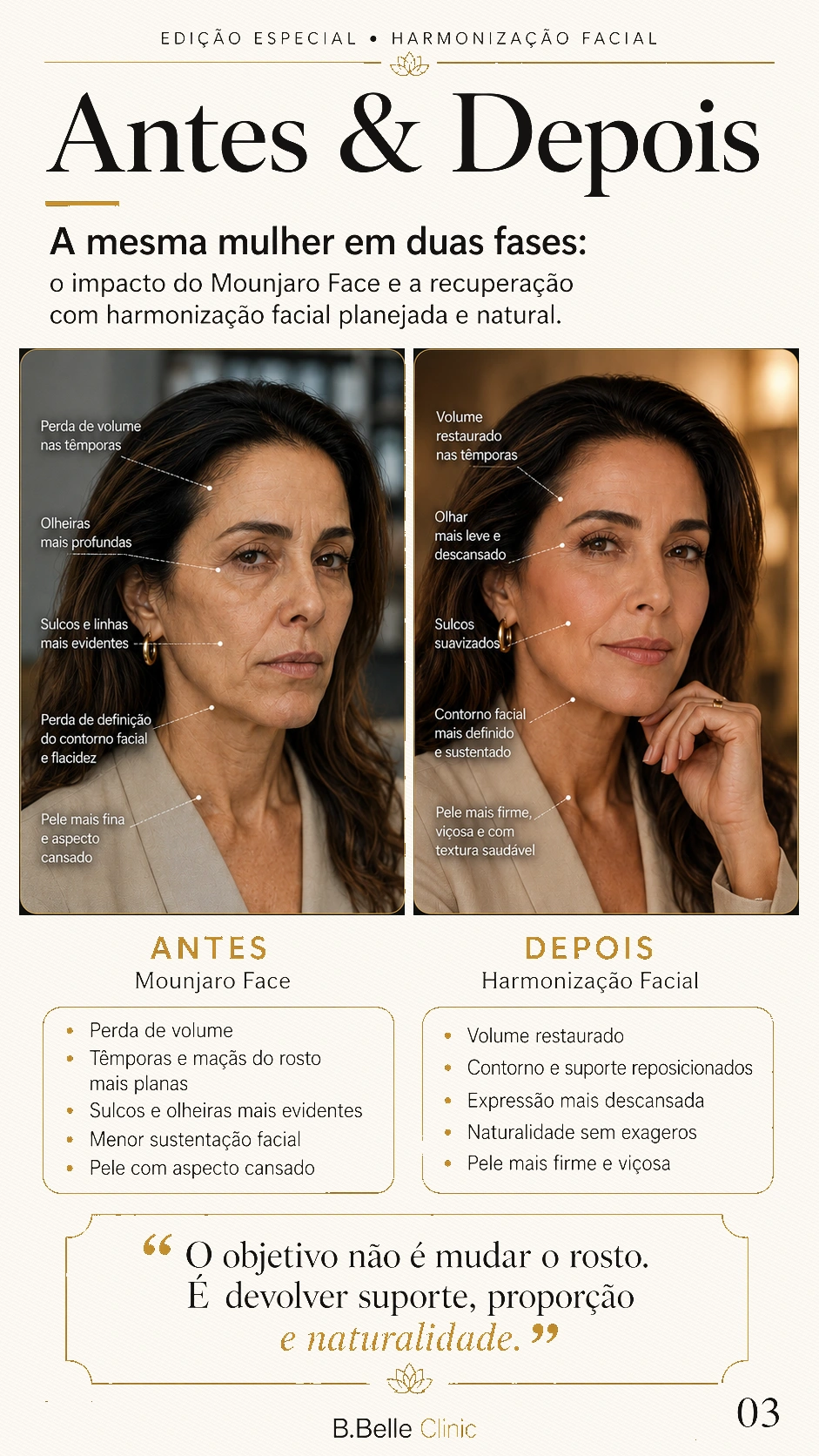 Comparativo antes e depois sobre Mounjaro Face e harmonização facial planejada